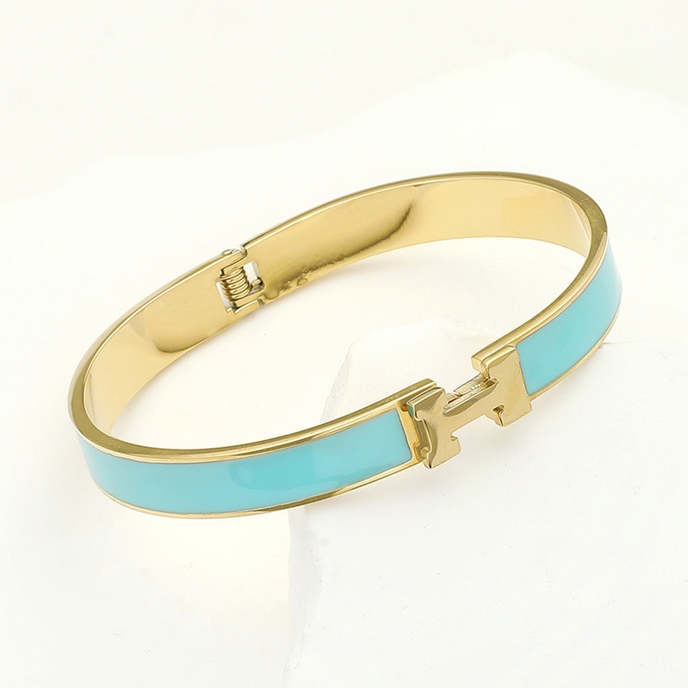 Blue Stainless Steel Monogram H Enamel Hinged Bracelet